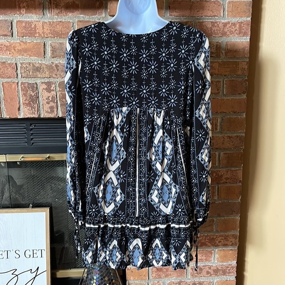 FREE PEOPLE Voile Bay Navy V Neck Tunic XS Boho Flowy Floral Baby Doll - Picture 5 of 7